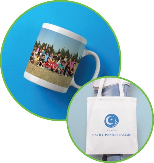 Mug personnalisé photo et tote bag imprimé avec le logo de l'école ou de l'APE