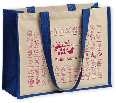 Sac en jute et coton personnalisé avec les dessins des enfants de l'école