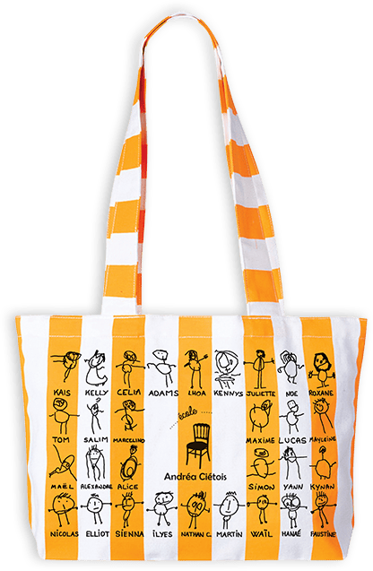Sac rayé jaune et blanc personnalisé avec les dessins des enfants de l'école